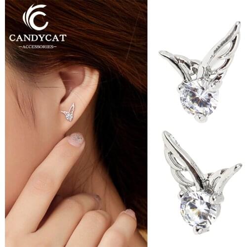 Trendy Korea Wings Shaped Stud Earrings Women Exquisite Silver Color Angel Wings Zircon Ear Nail Fashion Jewelry Gifts Wholesale