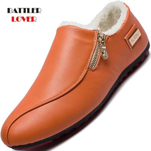 Men Casual Shoes Autumn Winter Warm Zip Style Loafers for Male Fashion Trend Leather Fleece Falts Driving Footwear