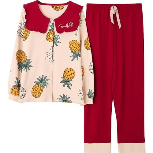 New Autumn Pajamas For Women Sleepwear Knitted Cotton Womens Pajama Long Sleeve Turn-down Collar Two Piece Set Womens Pyjamas