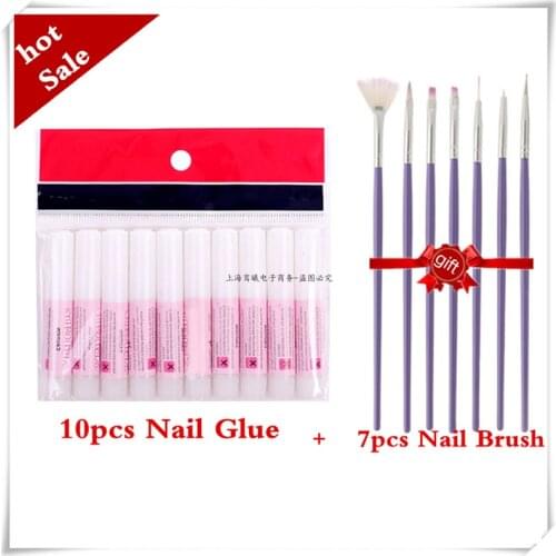 New 10pcs 2g/ bag Mini Beauty Nail Glue +7 Nail Brush Professional Nail Art Glue Art Decorate Tips Acrylic Glue Nail Accessories