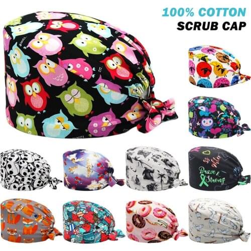 New Unisex Scrubs Caps 100% Cotton Anime Print Adjustable Nursing Hat Lab Beauty Salon Pet Shop Working Accessories Scrub Cap