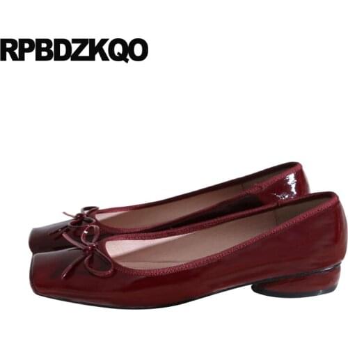 Genuine leather slip on bow casual 2019 patent low heels chunky pumps block shoes for women square toe red size 4 34 thick black