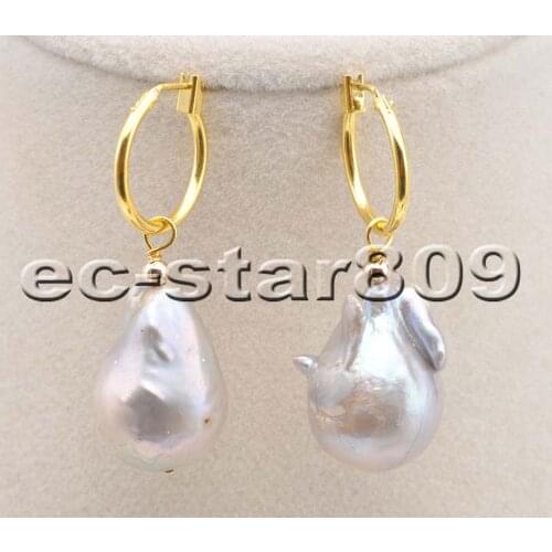 P6427 18mm Gray Baroque Keshi Reborn Pearl Gild Dangle Earring Women Fine Jewelry