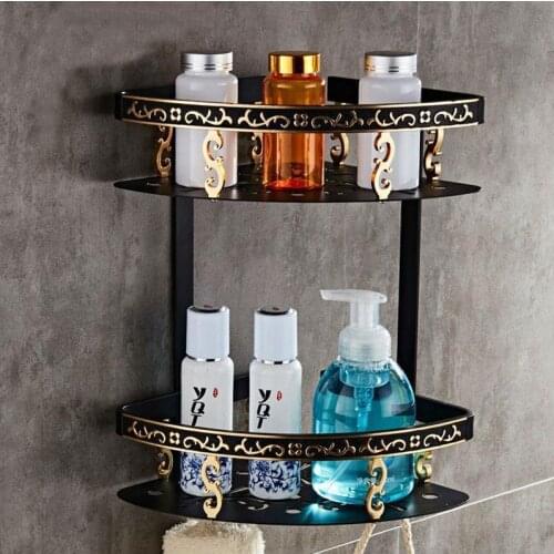 Bathroom Black Shelf with Towel Bar Space Aluminum Corner Shelves Towel Rack with Hook Shampoo Holder Kitchen Storage Rack