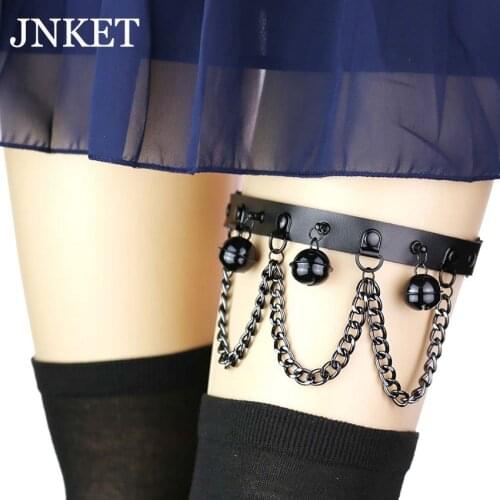 JNKET New Punk Black Bell Elastic Garter Belt Leg Ring Chain Garter Womens Garters Strap PU Leather Leg Belt Suspender Leg Ring
