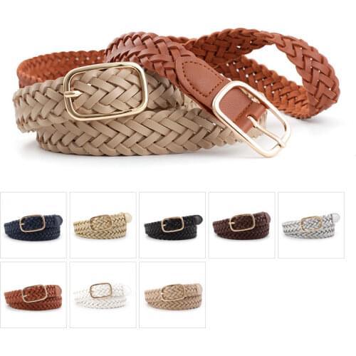 Womens PU Leather Braided Belt Golden Square Pin Buckle Belt New Fashion Causal Jeans Dress Waistband 2.3cm Thin Belt P81