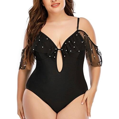 Off-Shoulder Plus Size Womens Swimsuit One Piece Sexy Black V Neck Swimwear Large Size Bodysuit Monokini Big Size Swimming Suit