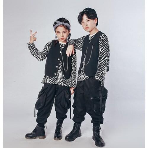 Hip Hop Dance Costumes Kids Zebra Print Shirt Tops Black Vest Tactical Crago Pants For Girls Boys Jazz Dance Clothes Street Wear