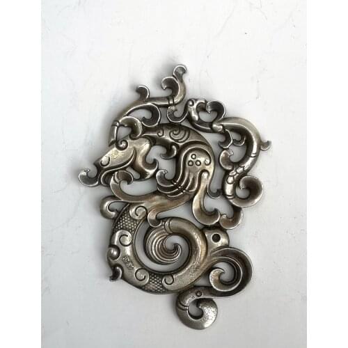 YIZHU CULTUER ART Collection Old Chinese Tibetan Silver Carving Dragon Phenix Amulet Pendant Decoration Wonderful Gift