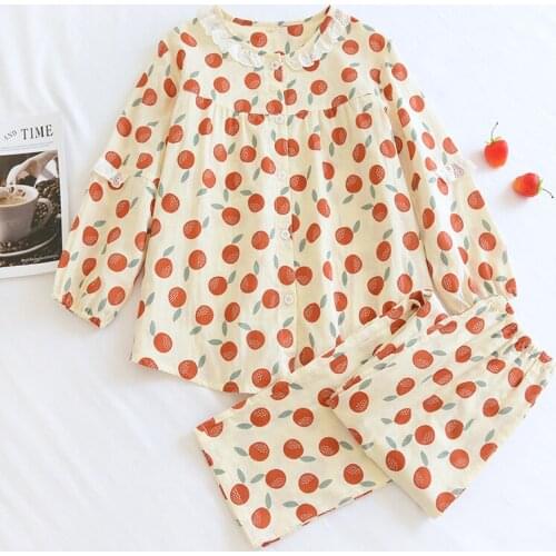 Spring / Autumn Cotton Gauze Lace Collar Womens Pajamas Long Sleeved Trouser Suits Leisure Comfortable Sleepwear Home Clothes
