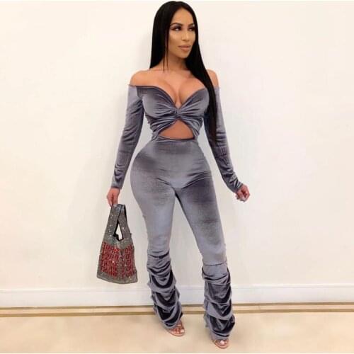 Sexy Velvet Rompers Womens Jumpsuit Slash V Neck Long Sleeve Cross Bust One Piece Overalls Autumn Winter Body Mujer Playsuits