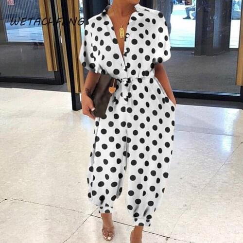 White Jumpsuits Dot Printed Summer Overalls For Women 2021 Short Sleeve Casual Bodysuits Rompers Club Outfits Female Clothing