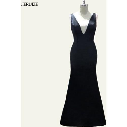 JIERUIZE Simple Black Mermaid Evening Dresses Long Cross Back V-neck Cheap Prom Dresses Formal Dresses robe de soiree