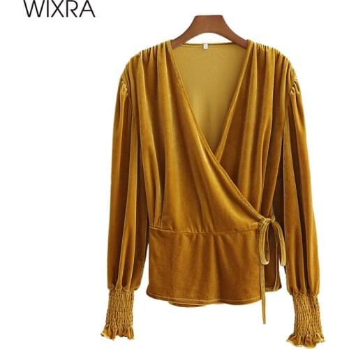 Wixra Womens Vintage Velvet Blouse Ladies Long Sleeve V Neck Lace Up Solid Shirts 2021 Spring Top Female Clothes