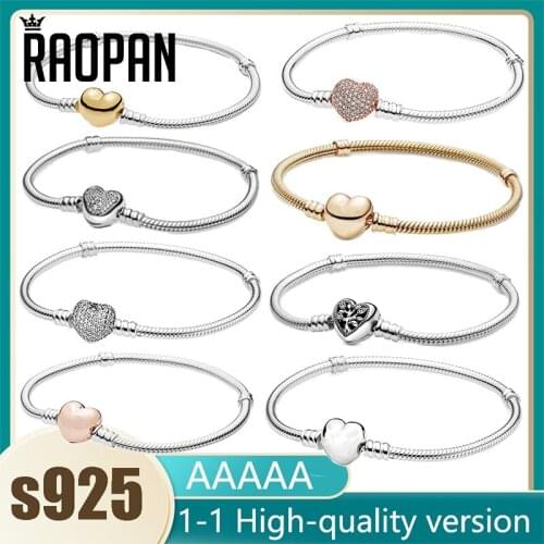 Raopan Hot Sale Love heart Sterling Silver Bracelet Fit Original Design Beads Charms Bangle DIY Jewelry Making Gift For Women