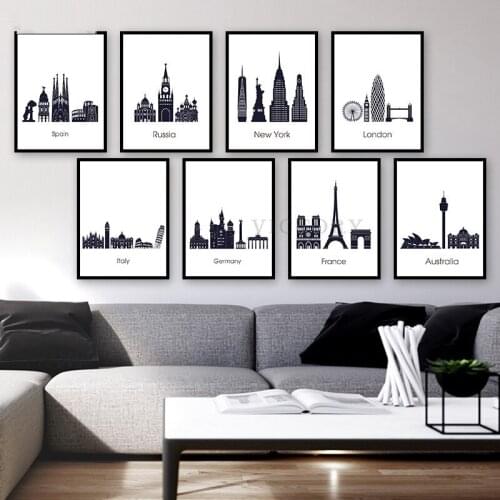Black White Art Famous Building Canvas Painting Travel New York Spain Russia Germany France Australia London Paris City Poster
