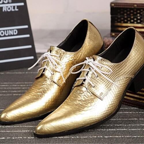 Christia Bella Classic Man Golden Real Leather Derby Shoes Fashion Pointed Toe Male Lace Up Oxfords Shoes Mens Nightclub Shoes