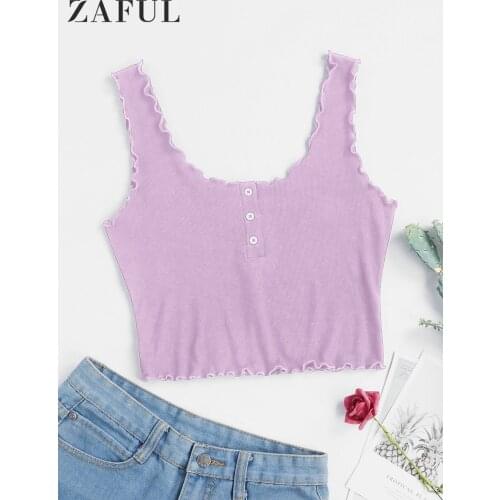 ZAFUL Lettuce Trim Button Crop Top 2021 Summer Women Casual Camis Vest Sexy Sleeveless Female Tanks Top Cool Streetwear Club