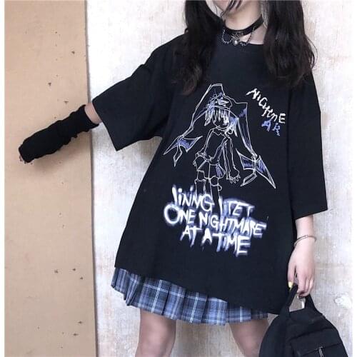 Summer Y2k Gothic Girl O Neck Three-quarter Sleeve T-shirt Black Cartoon Print Women Loose T Shirt Harajuku Street Casual Top