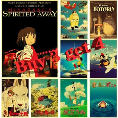 Hot Anime Miyazaki Hayao Movie Spirited Away Tonari No Totoro Retro Laputa: Castle In The Sky Poster Vintage Poster for Kid Room