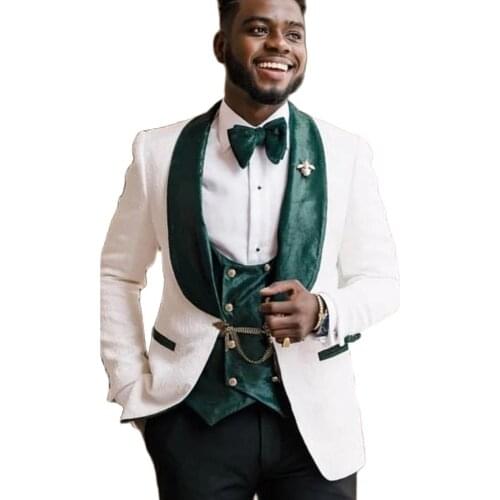 VEIAI Costume Homme White Patten Jacket Black Pant Green Velvet Vest Groom Tuxedos Men Suits Wedding Terno Masculino Slim Blazer