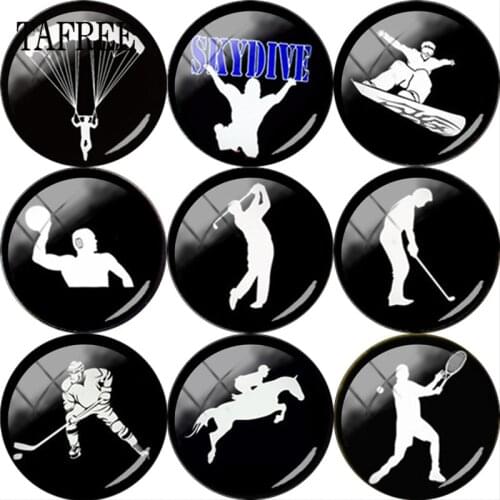 TAFREE Wholesale 5pcs Skydive golfer baseballer Figure Silhouette 25mm Round Glass Cabochon Dome DIY Cameo Pendant Settings