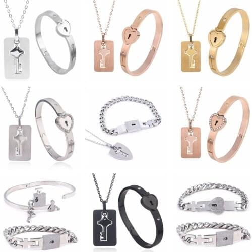 A Couple Lovers Jewelry Love Heart Lock Bracelet Stainless Steel Bracelets Bangles Key Pendant Necklace Jewelry Dropshipping