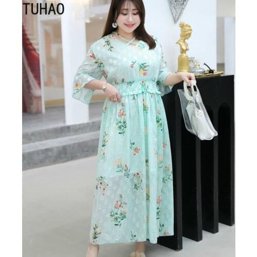 TUHAO Woman Plus Size Dresses for Women 5XL 6XL 7XL 8XL Striped Casual Floral Print Long Dress Big Loose Summer bohe Dress WM70