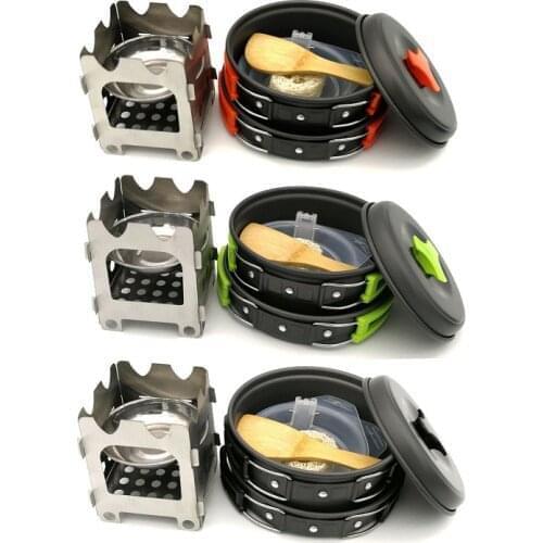 Outdoor Portable Camping Wood Stove Frying Pan Cooking Pot Bowl Soup Spoon Stainless Steel Folding Fork and Spoon Camping