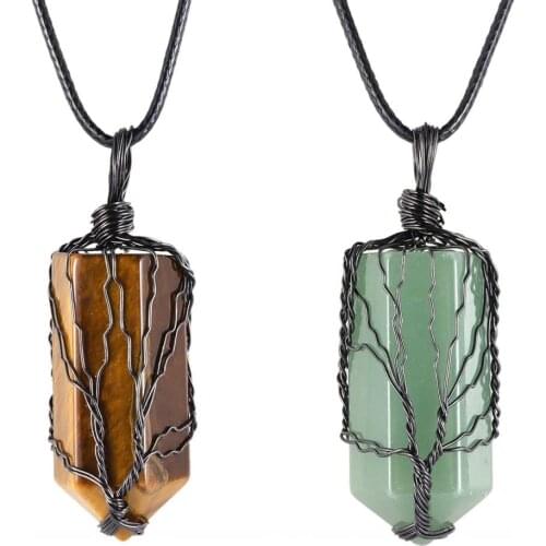 TUMBEELLUWA Tree of Life Natural Stone Hexagon Point Pendant Necklace Gun Black Color Wire Wrap Crystal Reiki Jewelry for Unisex