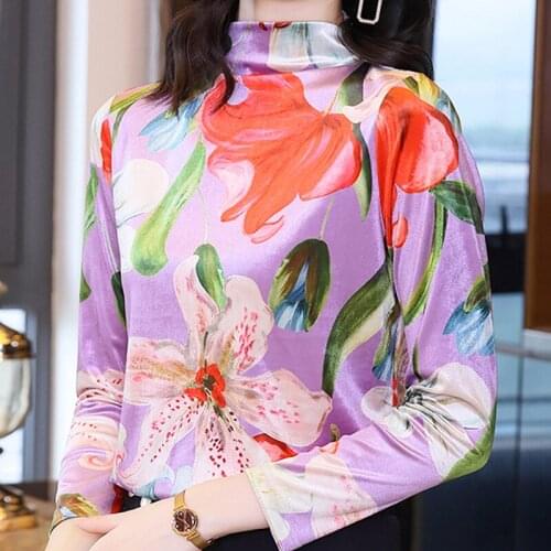 Long Sleeve Turtleneck Velour Blouse Shirt Blouse Women Blusas Mujer De Moda 2021 Print Blouse Tops Women Clothing Blusa E83