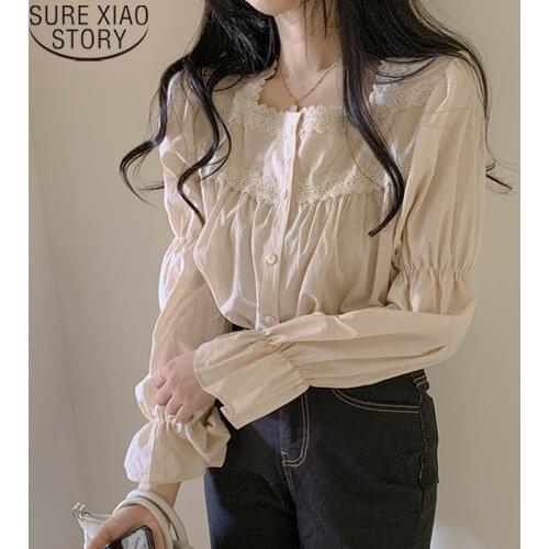 Vintage Lace Blouse Women Fashion Square Collar Flare Long Sleeve Shirt Women Cardigan Apricot Shirt Ladies Tops Blusas 10955