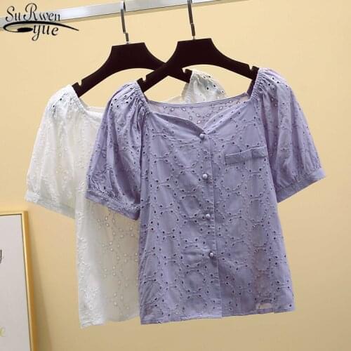 2021 Fashion Women Blouses Sweet Hollow Out Solid Chiffon Blouse Loose Puff Sleeve Cardigan Square Collar Womans Shirts 9878