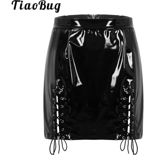 TiaoBug Women Wet Look Patent Leather High Waist Thigh Split with Lace Up Design Bodycon Mini Sexy Skirts Rave Party Clubwear
