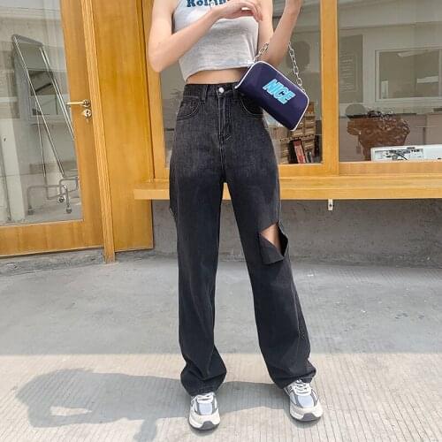 Ripped Cotton Wide Leg Women New StreetStyle 2021 Casual Denim Lady Long Pants Fashion Jeans Vintage Able Quality Trousers