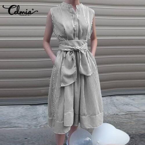 Vintage Striped Midi Dress 2021 Celmia Women Casual Belted Pockets Sundress Summer Stylish Holiday Sexy Sleeveless Tank Vestidos