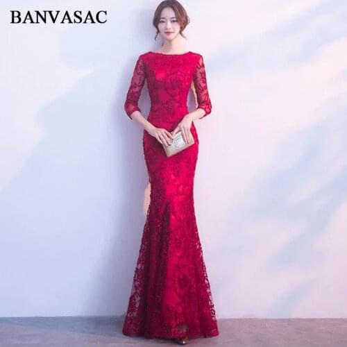 BANVASAC 2020 O Neck Lace Appliques Mermaid Long Evening Dresses Party Illusion Three Quarter Sleeve Prom Gowns