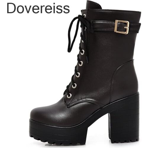 Fashion Winter New Sexy Pure Color Brown Round Toe Brown Elegant Cross Tied New Chunky Heels Ankle Boots 4 41 42 43