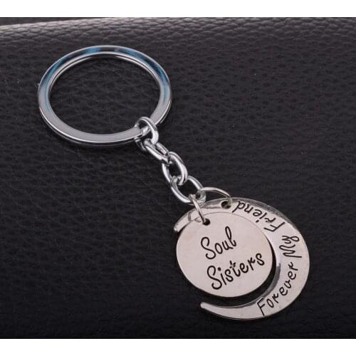 Bespmosp 12PC/Lot Wholesale"Soul Sisters Forever My Friend"Round Moon Pendant Keychain Keyring Women Family Charm Jewelry Keyfob