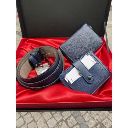 Carlino Male Navy Blue Zipper Belt Badge Holder Stylish Gift Boxed Set