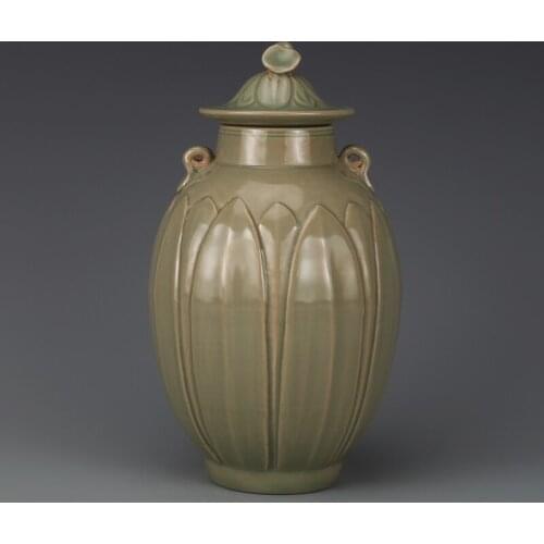 Antique SongDynasty porcelain pot,YueKiln secret color Engraved Lotus Pot,Home Decoration collection & adornment