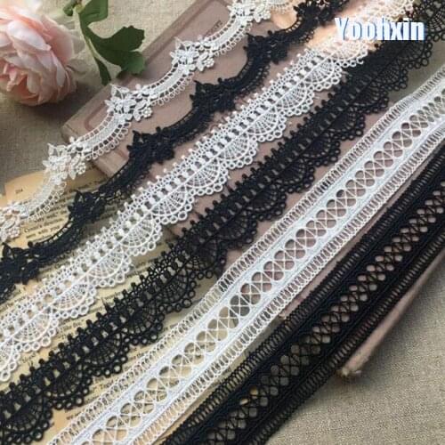 HOT Embroidered Cotton White Black flower lace fabric dubai Wide sewing DIY trim applique Ribbon cord collar dress guipure decor
