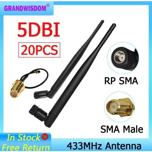 20pcs 433Mhz lora Antenna 5dbi GSM 433 mhz RP-SMA Connector Rubber Lorawan antenna+ IPX to SMA Male Extension Cord Pigtail Cable