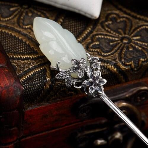 Chinese Jade Hair Stick Hanfu Hair Accessory For Women Jewelry 925 Sterling Silver With Natural Stone Hairpins Wedding Luxury
