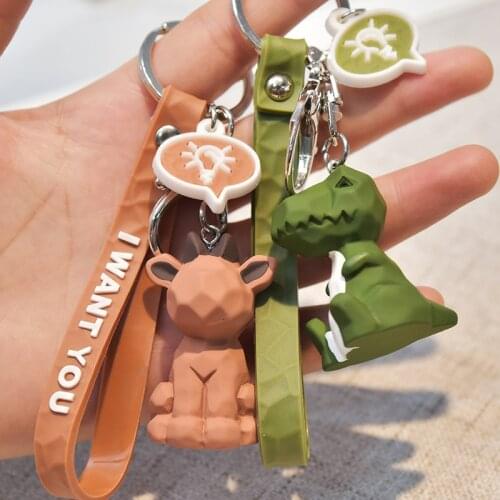 Nordic Cute Polygon Geometric Dinosaur Keychain For Women Cartoon Section Animal Rabbit Fox Bear PU Keyring Bags Key Chain A778