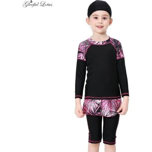 Girls Islamic Swimwear Muslim Swimsuits Modest Beach clothes Arabic Hajib Long Sleeve Midi Pants Floral Print Muslim Sets 2019