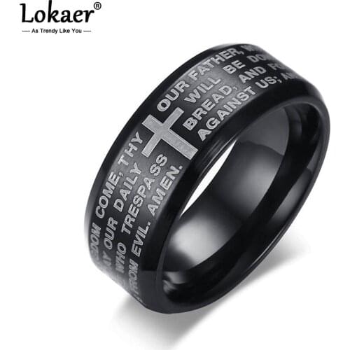 Lokaer Neo-Gothic Stainless Steel Mens Religious Rings Jewelry Hiphop/Rock 8mm English Lord Prayer Ring 3 Colors JR364