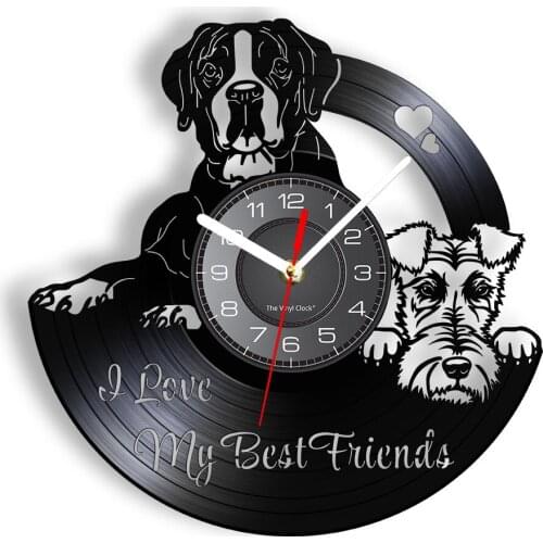 Best Friends Boxer And Fox Terrier Dog Laser Cut Longplay Wall Clock Artwork Wall Watch For Pets Shop Vinyl Album Record Clock
