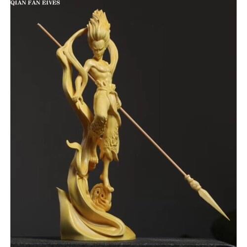 Chinese mythical figure Nezha solid wood statue，Modern art sculpture，Wooden crafts，Home decor domineering ornaments，Gift statue