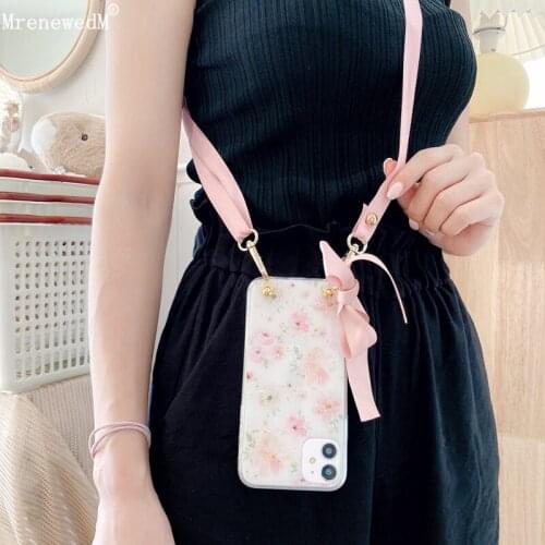 MrenewedM Luxury Flower Crossbody Necklace Cord Case For iPhone 12 Mini X XS XR 11 Pro Max 6S 7 8 Plus Phone Lanyards Rope Cover
